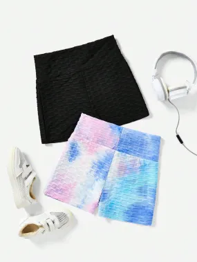 2pcs Set Tie Dye Knit High-Waist Slim Fit Biker Shorts for Tween Girls - Stretch Fabric