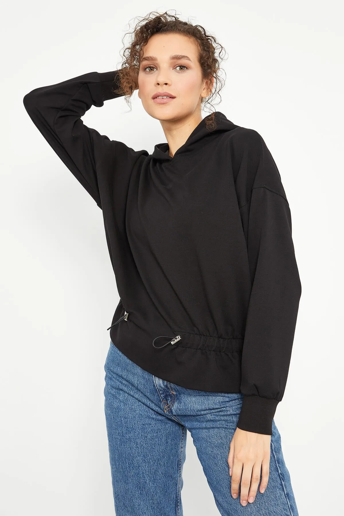 beli büzgülü kapüşonlu kadin oversize sweatshirt - 97159