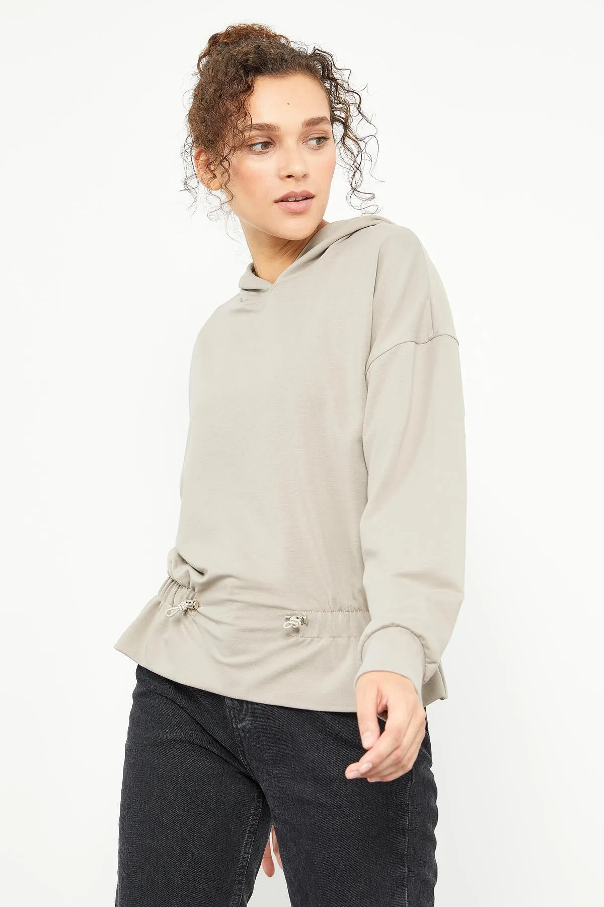 beli büzgülü kapüşonlu kadin oversize sweatshirt - 97159