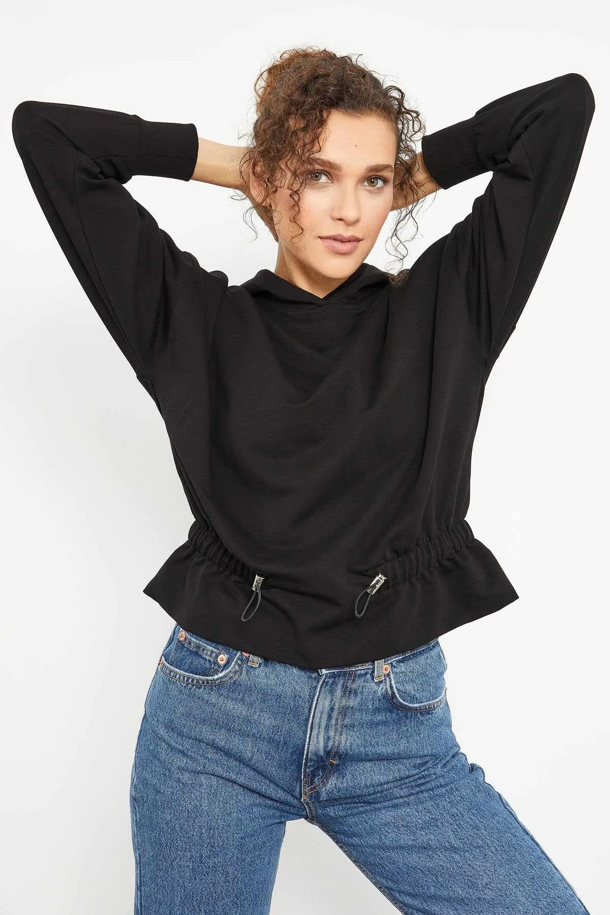 beli büzgülü kapüşonlu kadin oversize sweatshirt - 97159