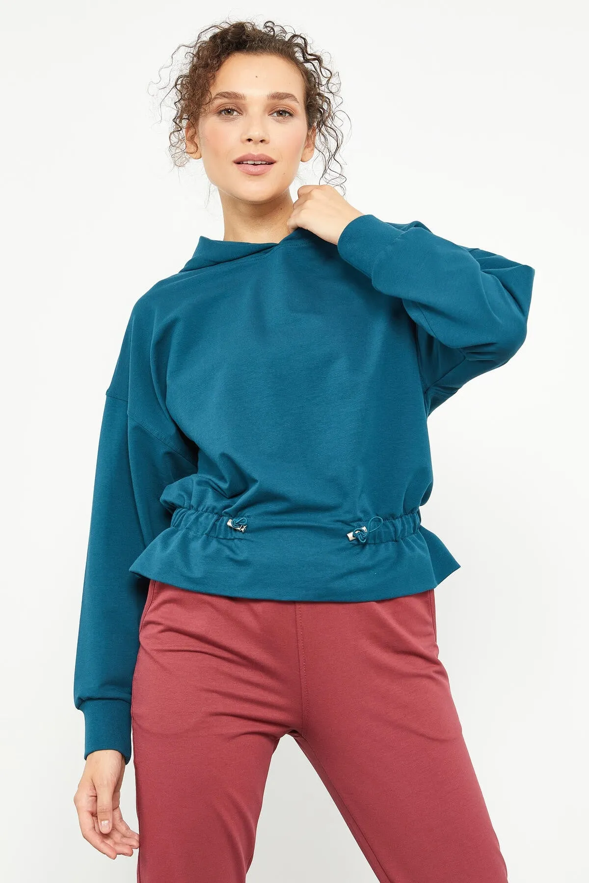 beli büzgülü kapüşonlu kadin oversize sweatshirt - 97159