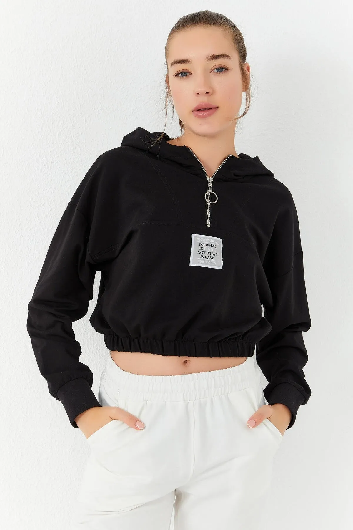 beli büzgülü kapüşonlu yarim fermuarli rahat form kadin crop top sweatshirt - 97155