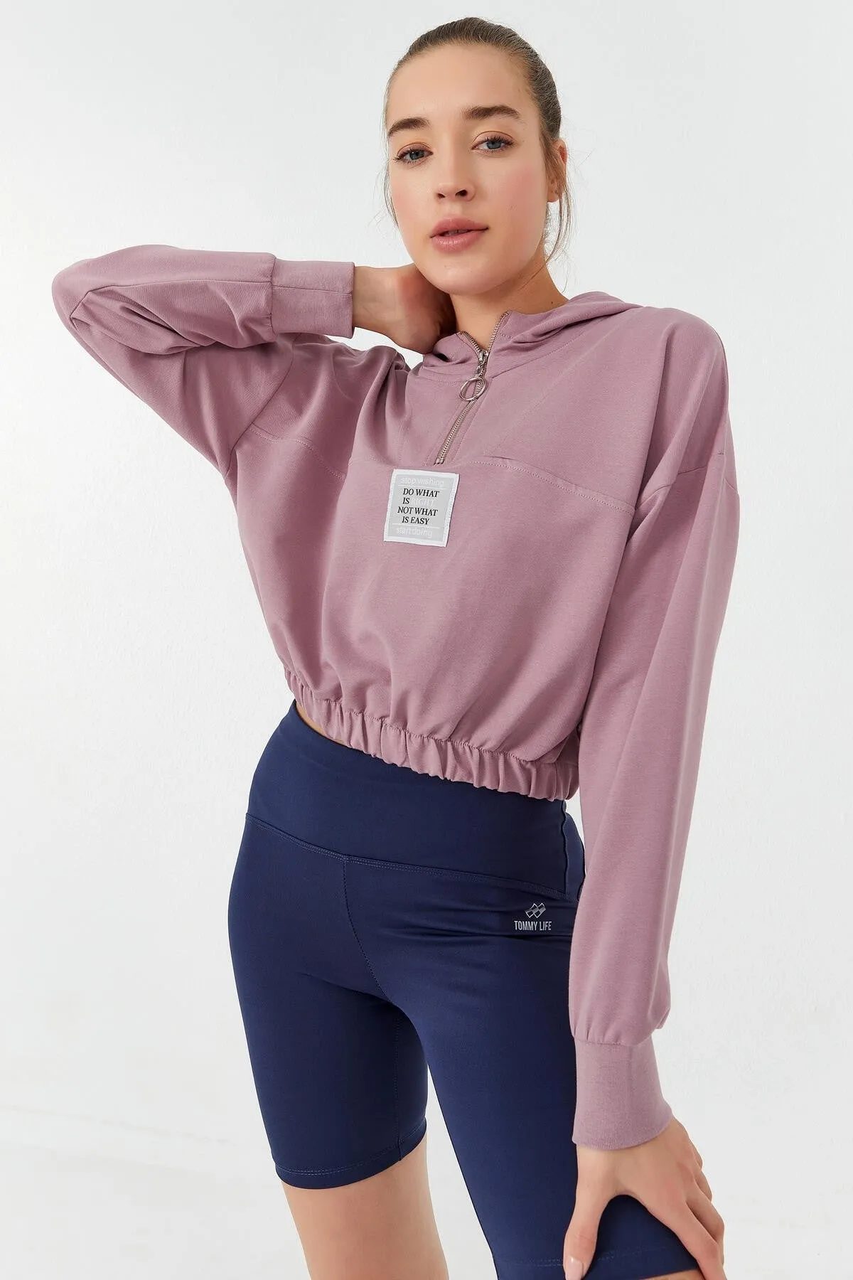 beli büzgülü kapüşonlu yarim fermuarli rahat form kadin crop top sweatshirt - 97155