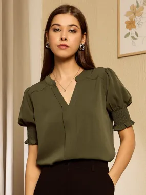 Berrylush BIZwear Women Olive Solid Notched Color Puff Sleeve Regular Top