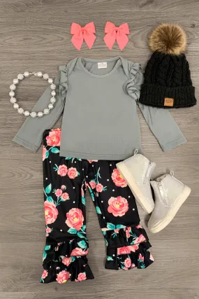 Black & Gray Rose Ruffle Pant Set