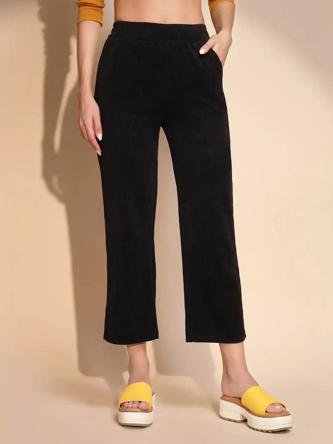 Black Cotton Blend High Rise Relaxed fit Lower