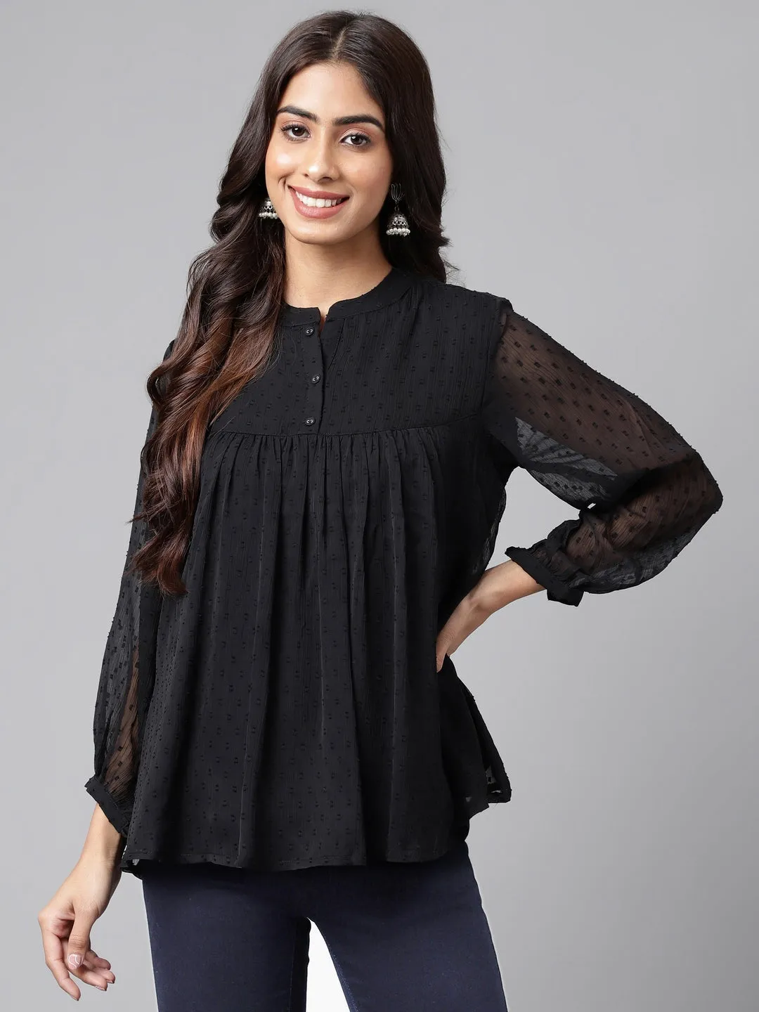 Black Dobby Georgette Gathered Mandarin Top