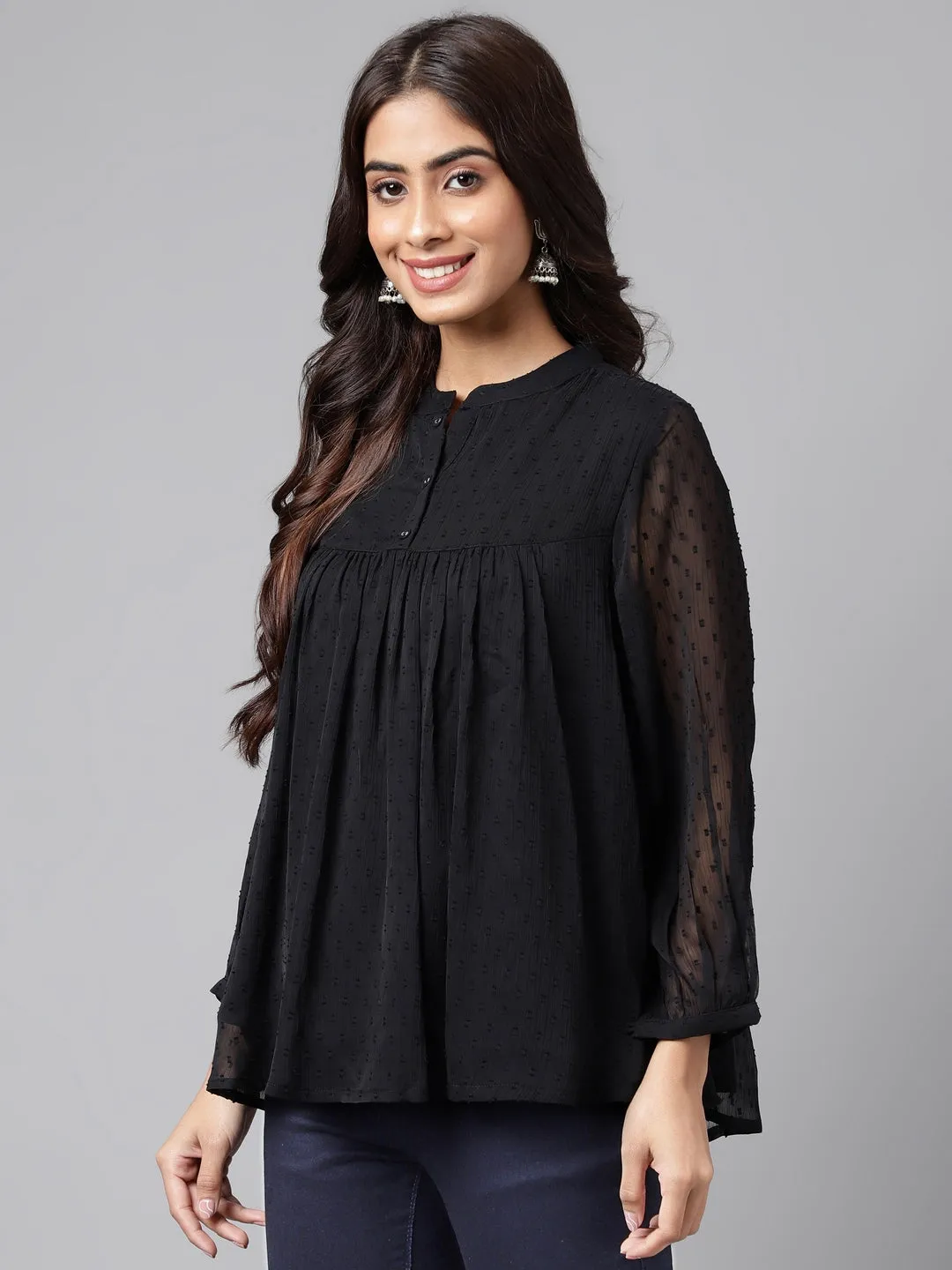 Black Dobby Georgette Gathered Mandarin Top