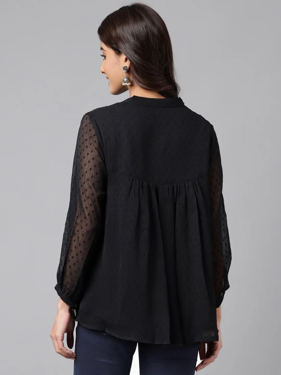 Black Dobby Georgette Gathered Mandarin Top