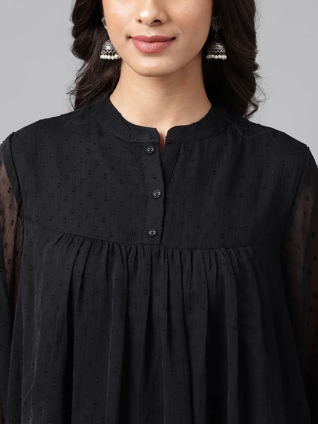 Black Dobby Georgette Gathered Mandarin Top