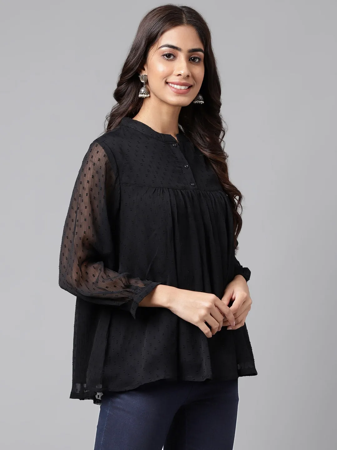 Black Dobby Georgette Gathered Mandarin Top