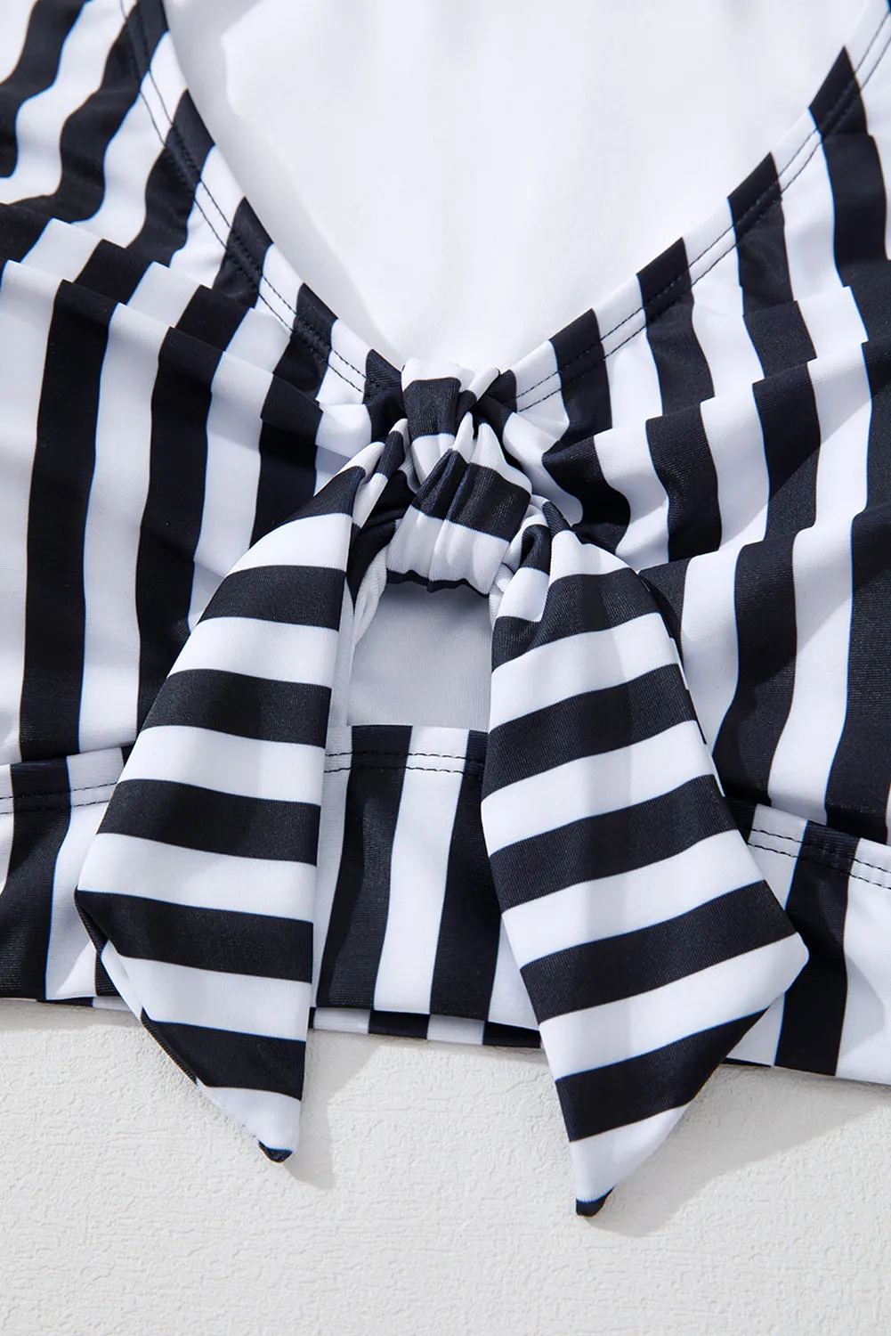 Black Stripe Plus Size Knot Cutout Ruffle Sleeve and High Waisted 2pcs Swimsuit