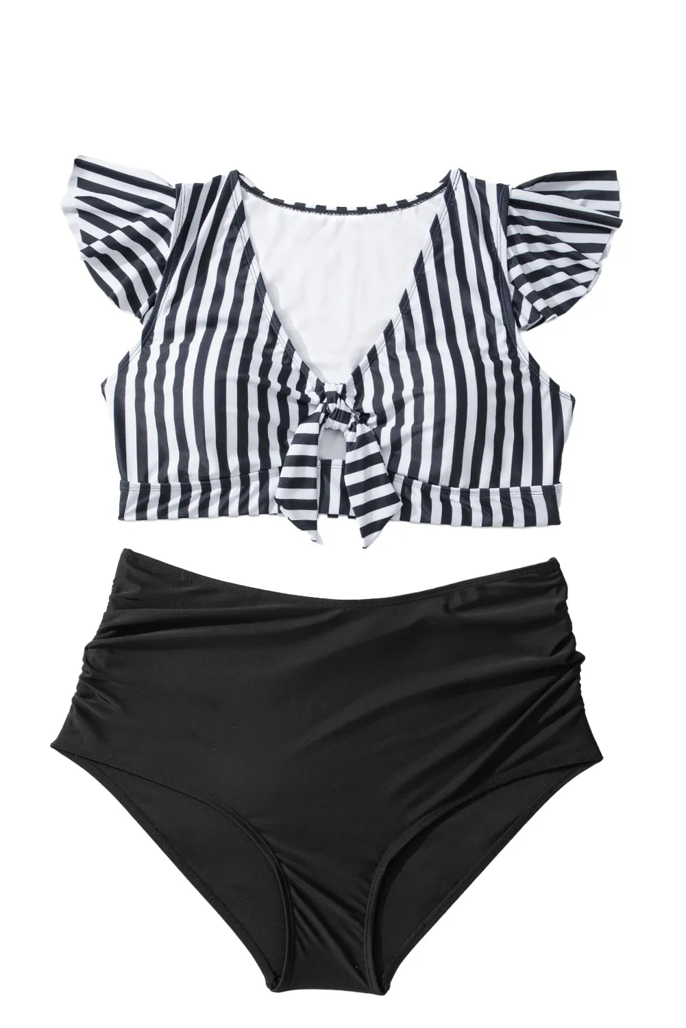 Black Stripe Plus Size Knot Cutout Ruffle Sleeve and High Waisted 2pcs Swimsuit