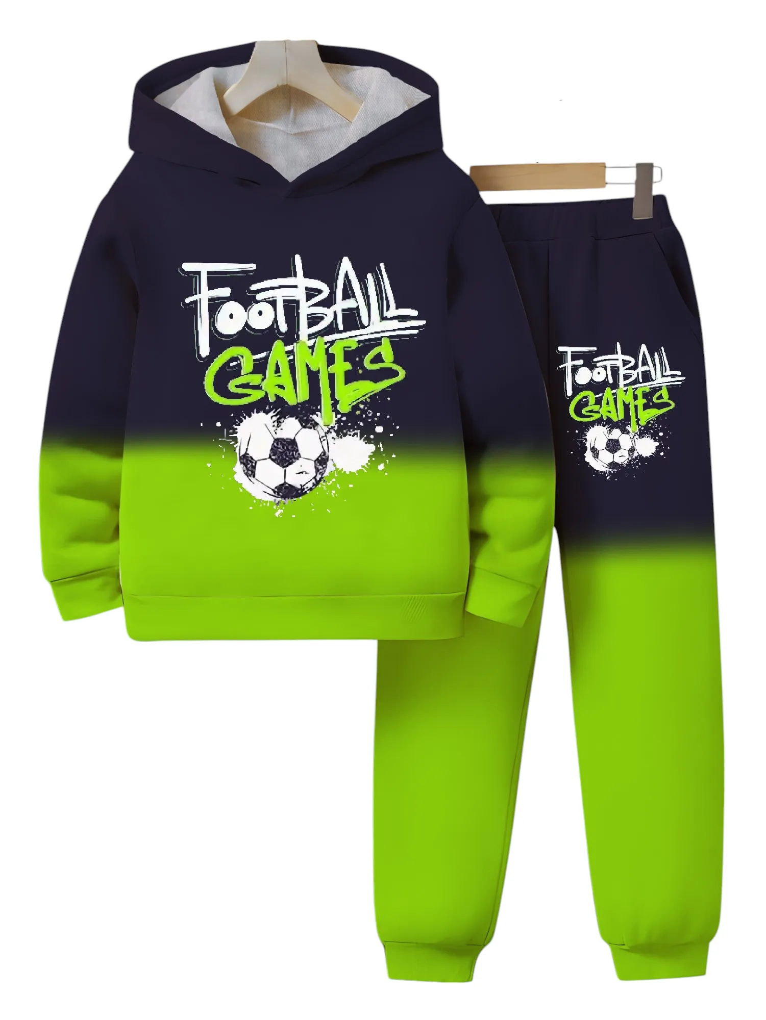 Boys' 2pcs Football Games 3D Graphic Print Co Ord Set - Long Sleeve Hoodie & Versatile Sweatpants, Two-Tone Color Block Design - Perfect for Autumn and Spring Outdoor Activities