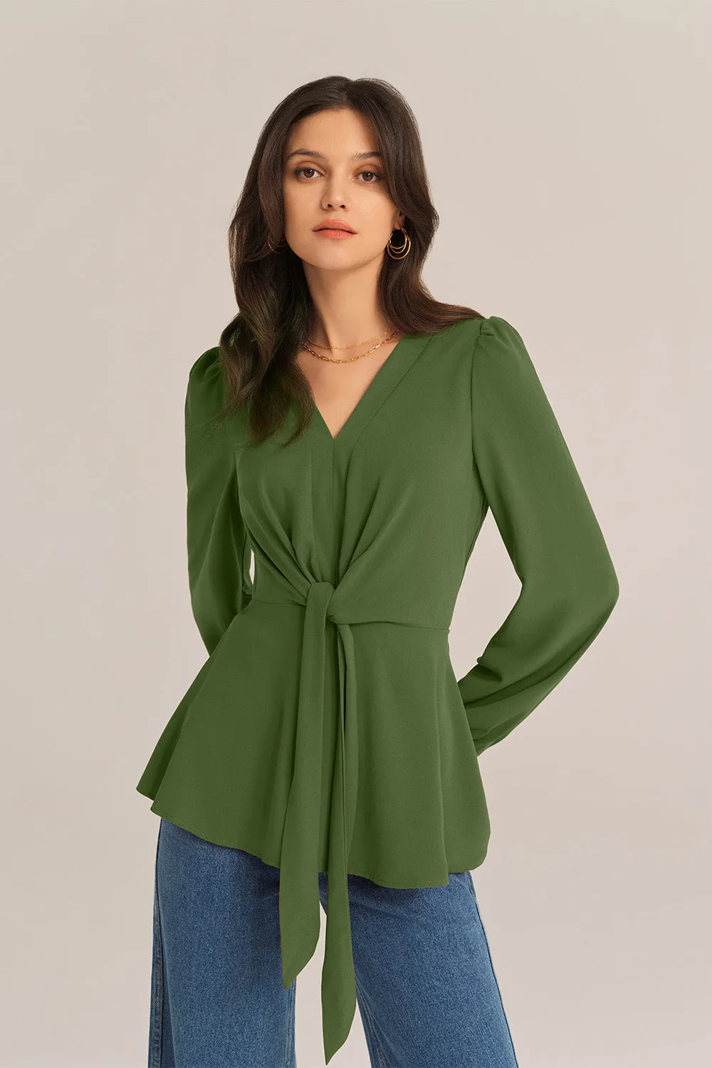 Casual Bow-Knot V-Neck Long Sleeve A-Line Tops - Green