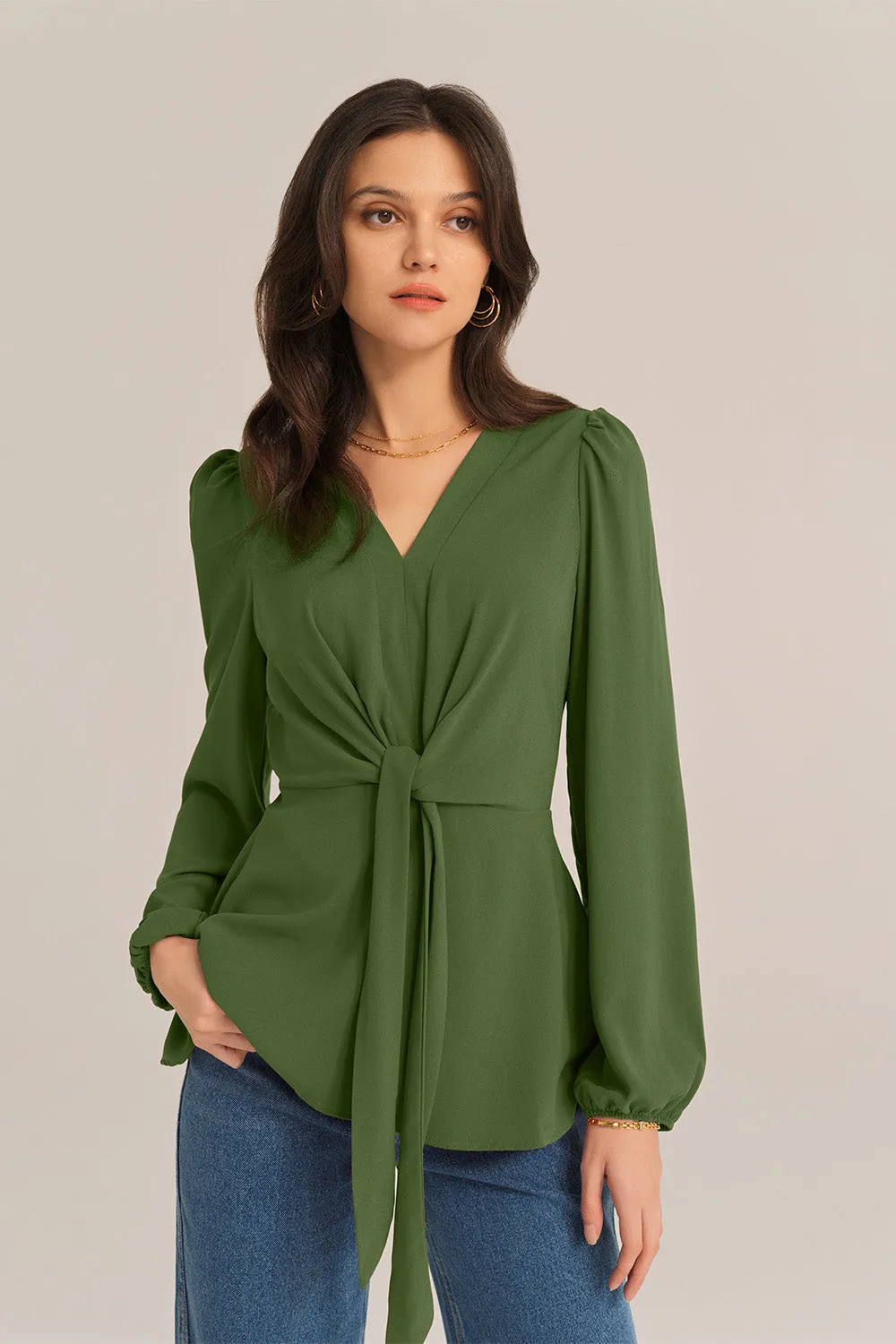 Casual Bow-Knot V-Neck Long Sleeve A-Line Tops - Green