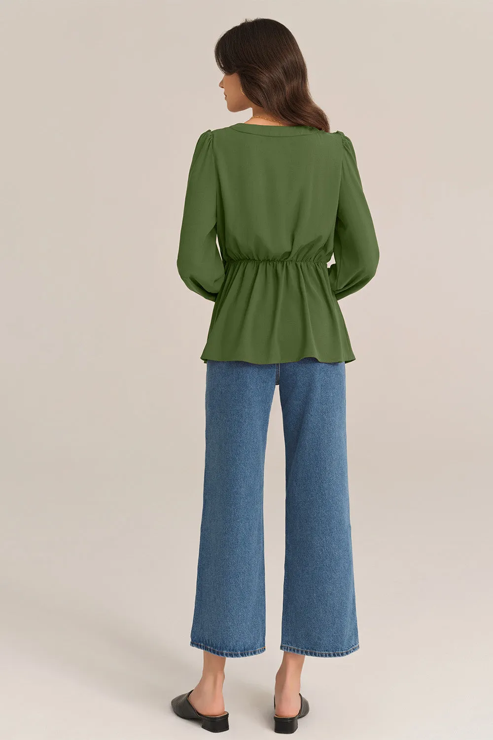 Casual Bow-Knot V-Neck Long Sleeve A-Line Tops - Green