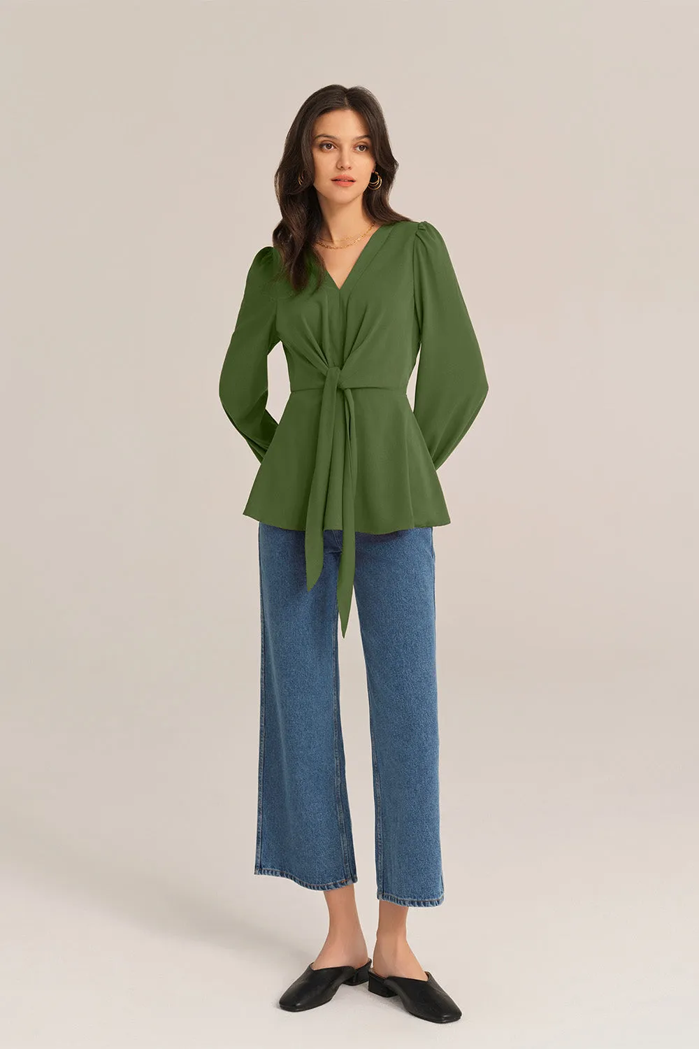 Casual Bow-Knot V-Neck Long Sleeve A-Line Tops - Green