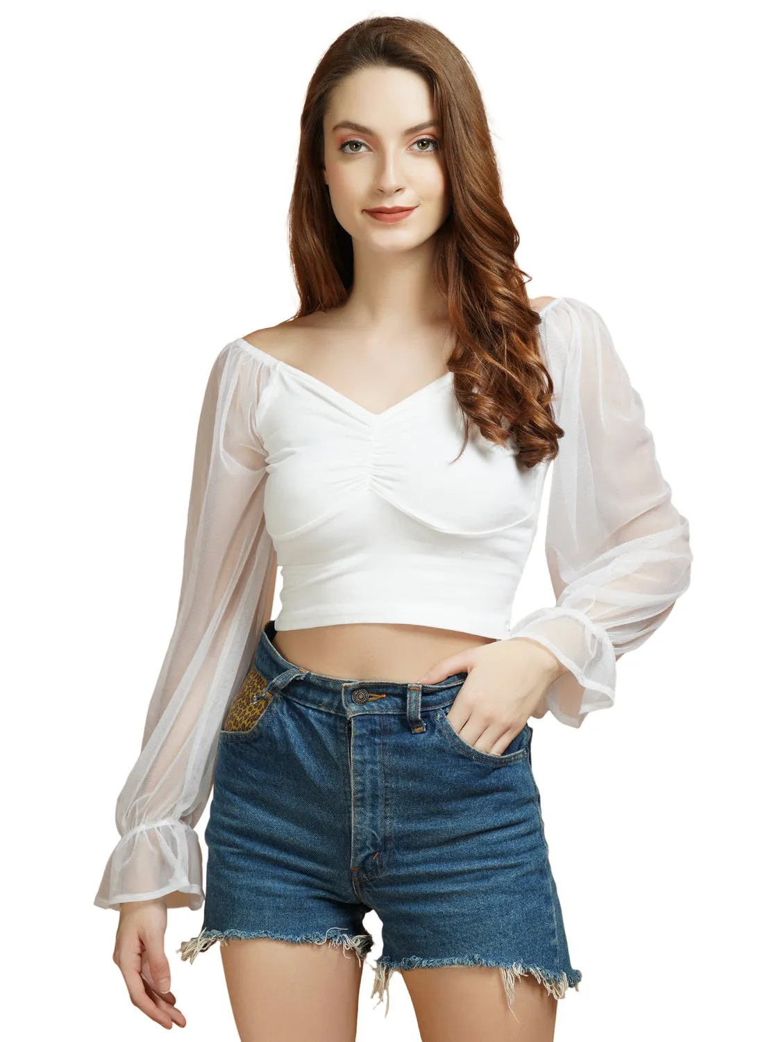 Casual Net Sleeves White Lycra Top