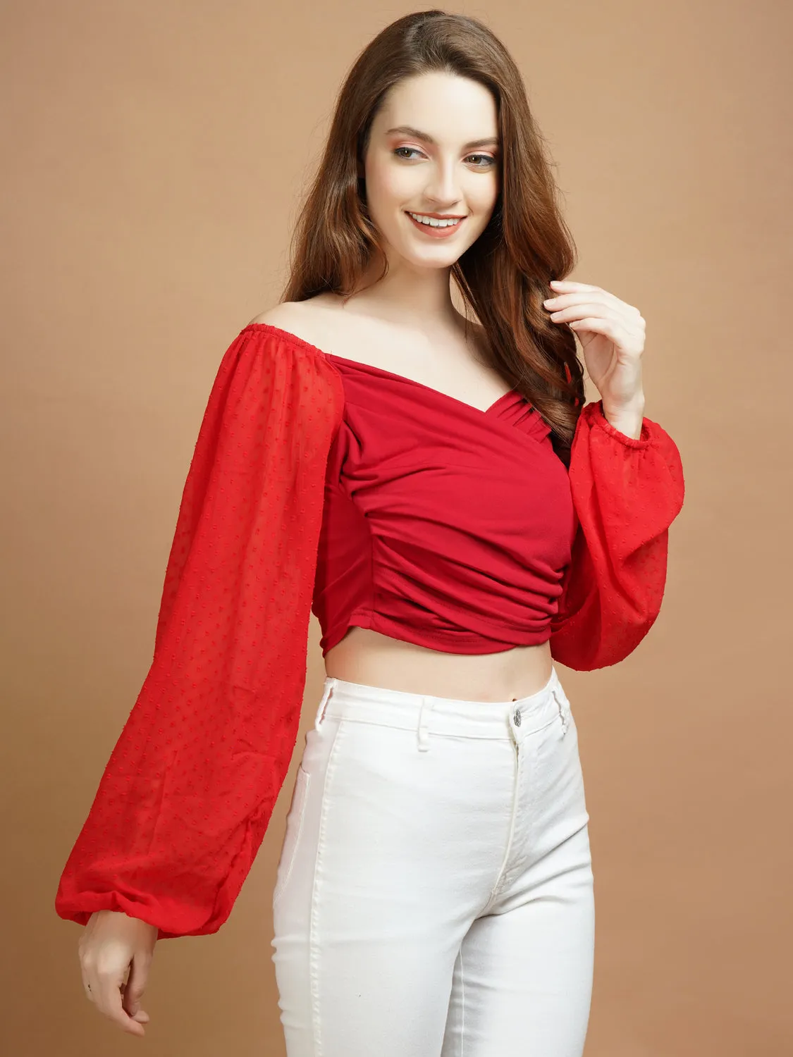 Casual Overlapped Red Lycra Top