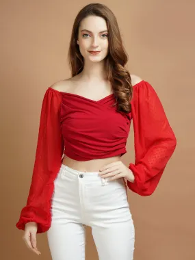 Casual Overlapped Red Lycra Top