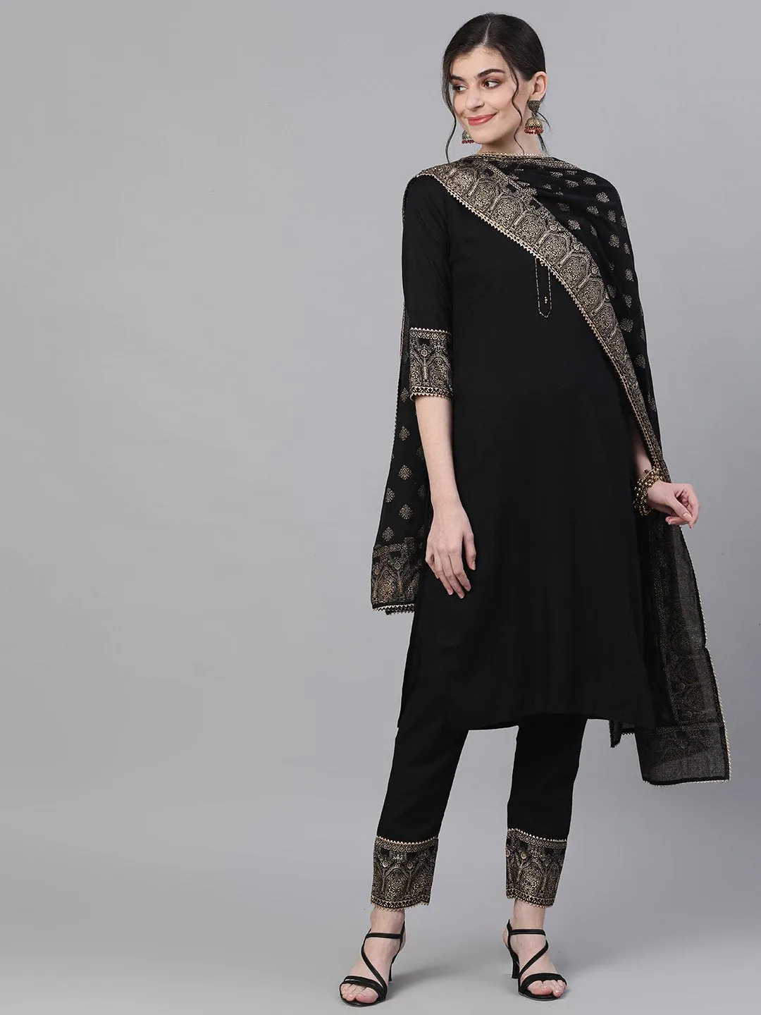 Comfy Black Rayon Straight Kurta Set with Gotta Patti Lace and Ethnic Motif Cotton Dupatta