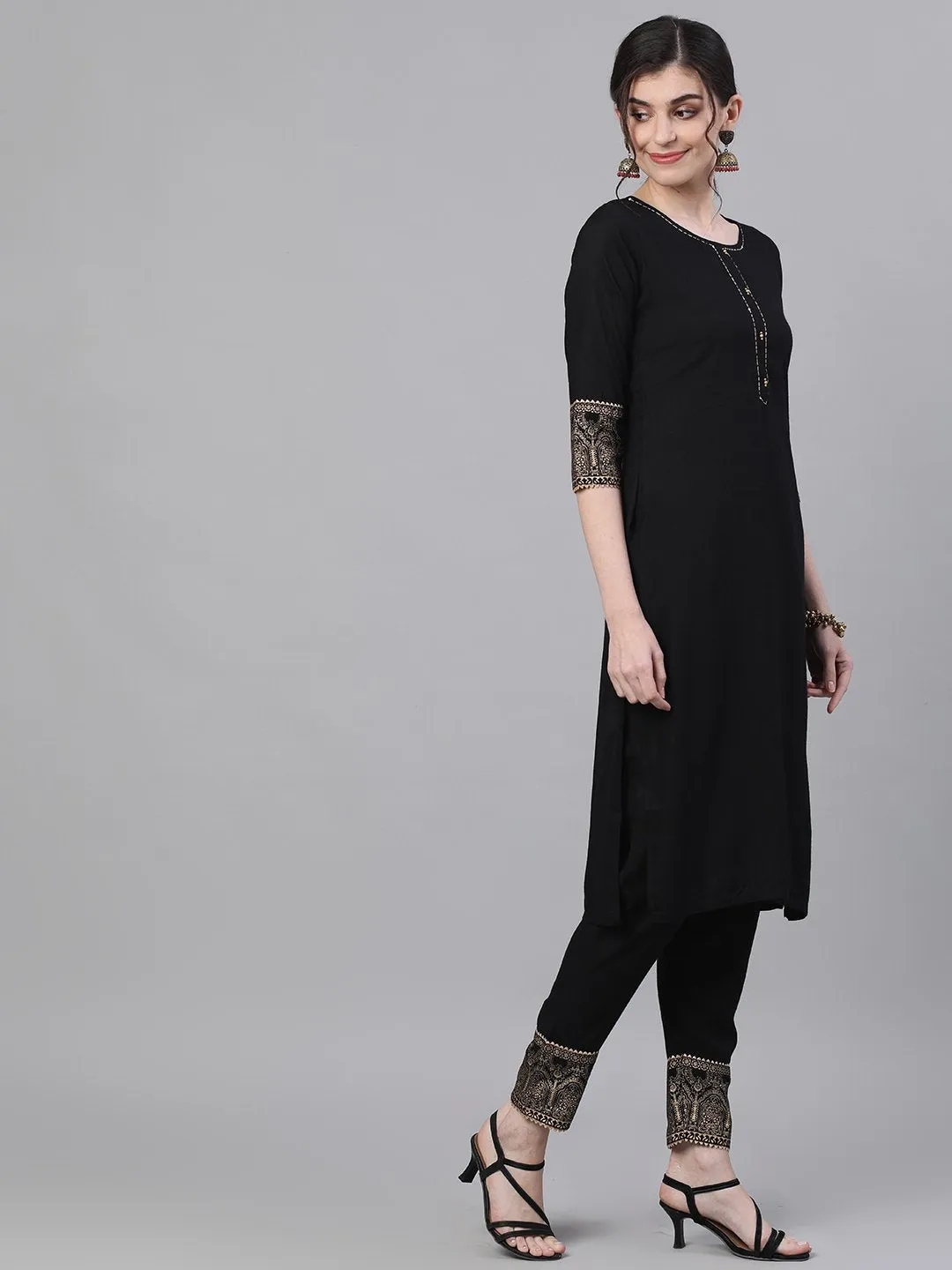 Comfy Black Rayon Straight Kurta Set with Gotta Patti Lace and Ethnic Motif Cotton Dupatta