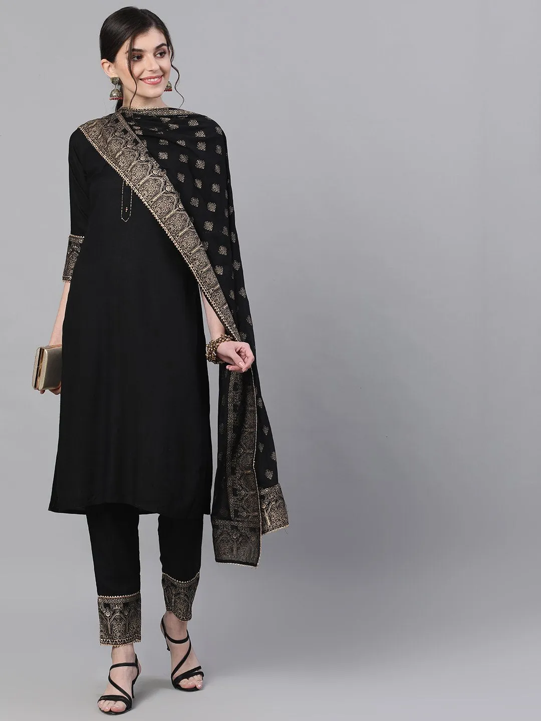 Comfy Black Rayon Straight Kurta Set with Gotta Patti Lace and Ethnic Motif Cotton Dupatta