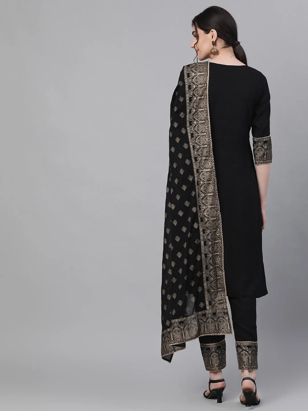 Comfy Black Rayon Straight Kurta Set with Gotta Patti Lace and Ethnic Motif Cotton Dupatta