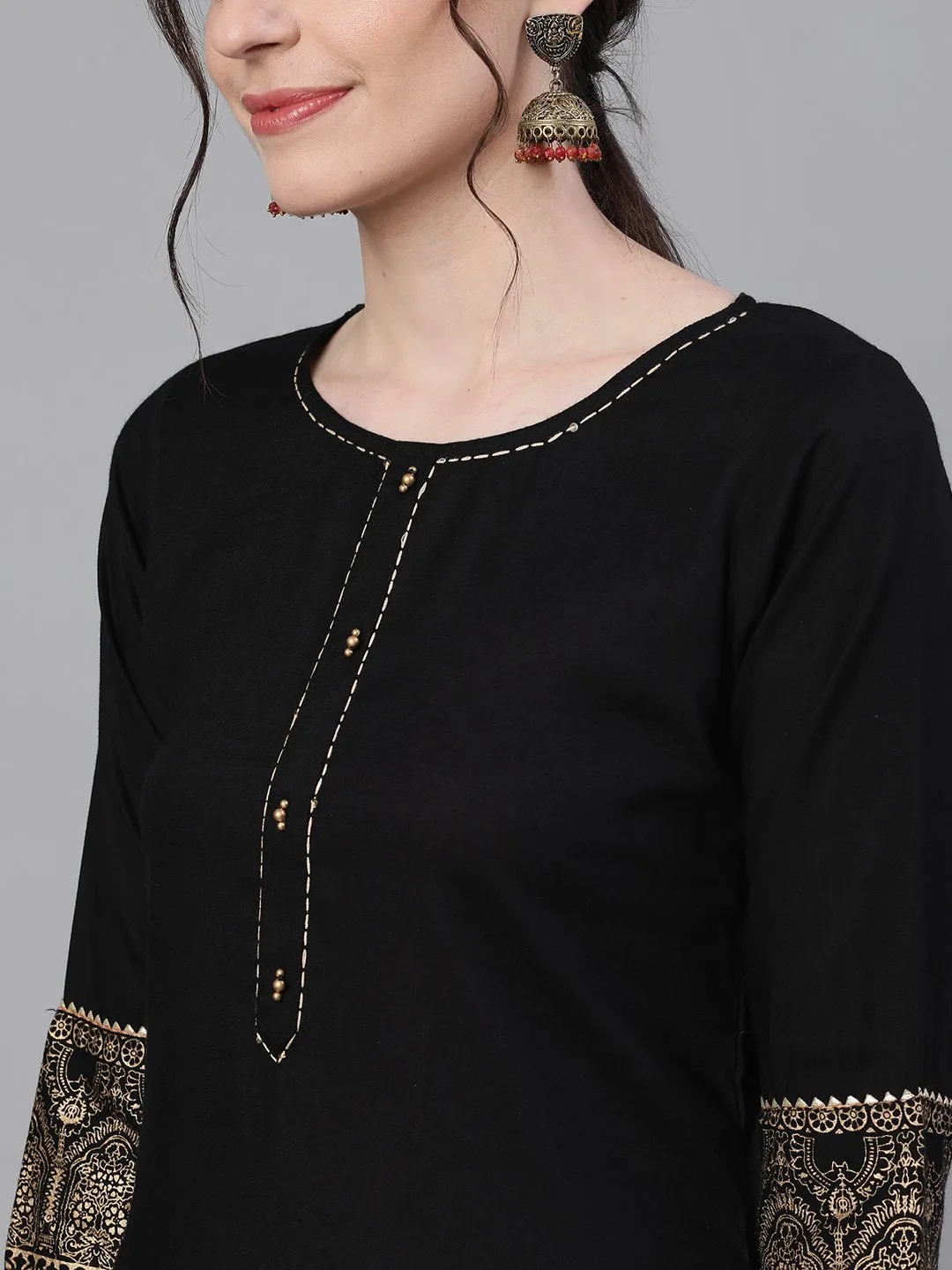 Comfy Black Rayon Straight Kurta Set with Gotta Patti Lace and Ethnic Motif Cotton Dupatta