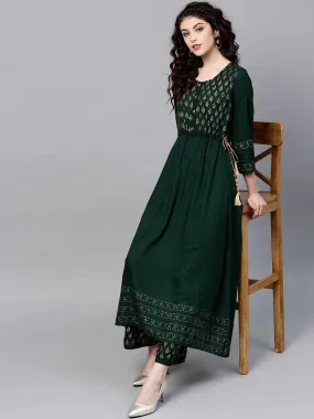 Comfy Green Cotton Printed A-Line Kurta Set with Palazzo Bottom and Side Tie-Up