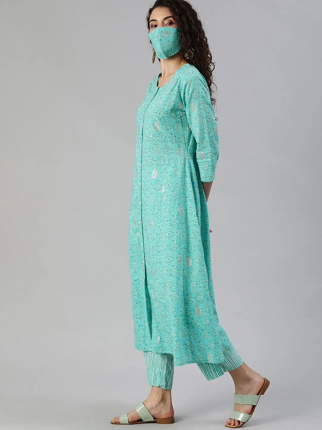 Comfy Turquoise Blue Cotton Ethnic Motif Printed A-Line Kurta Set with Straight Bottom