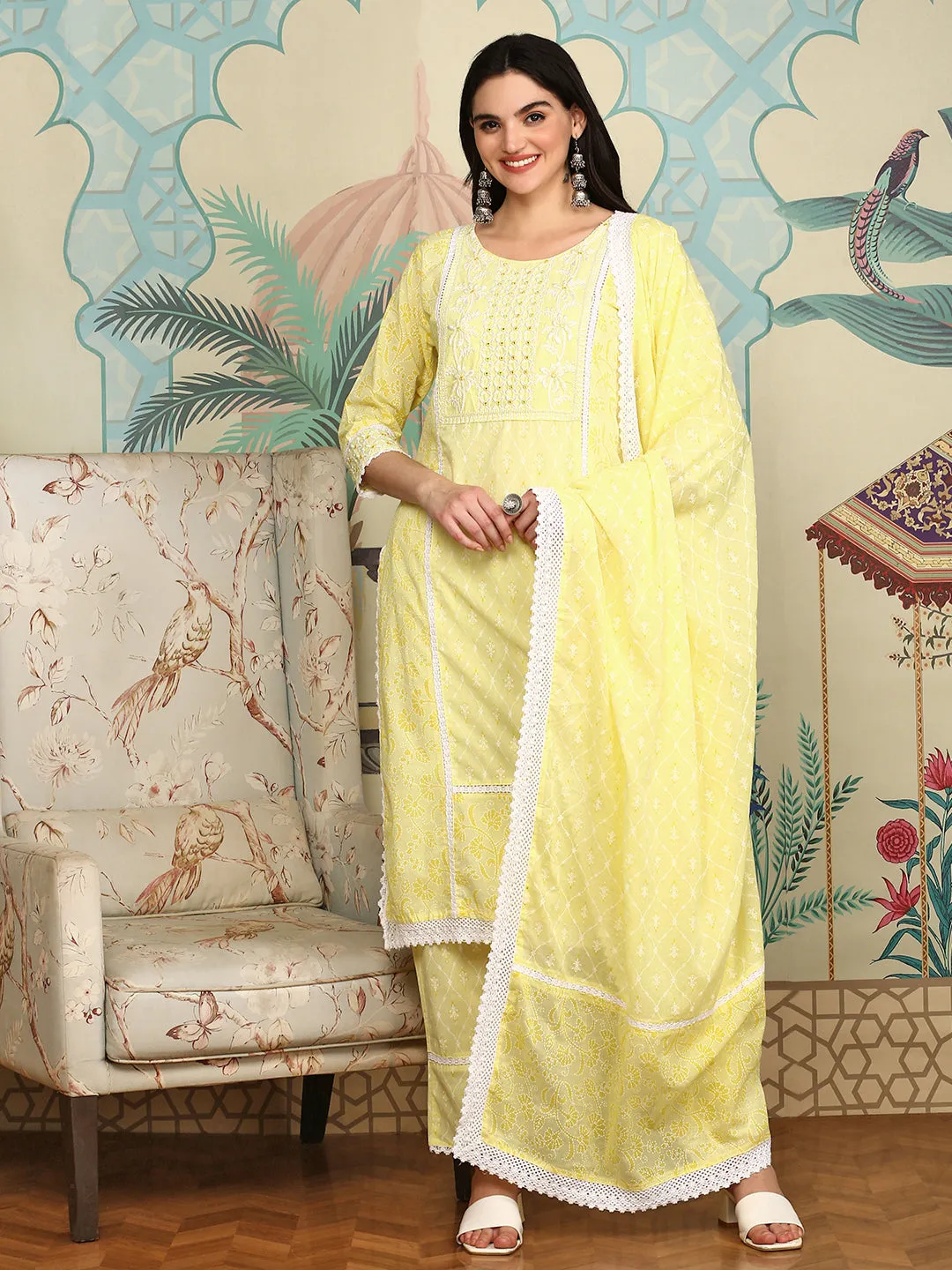 Comfy Yellow Cotton Embroidered Floral Kurta Set with Straight Bottom And  Scalloped Lace Dupatta