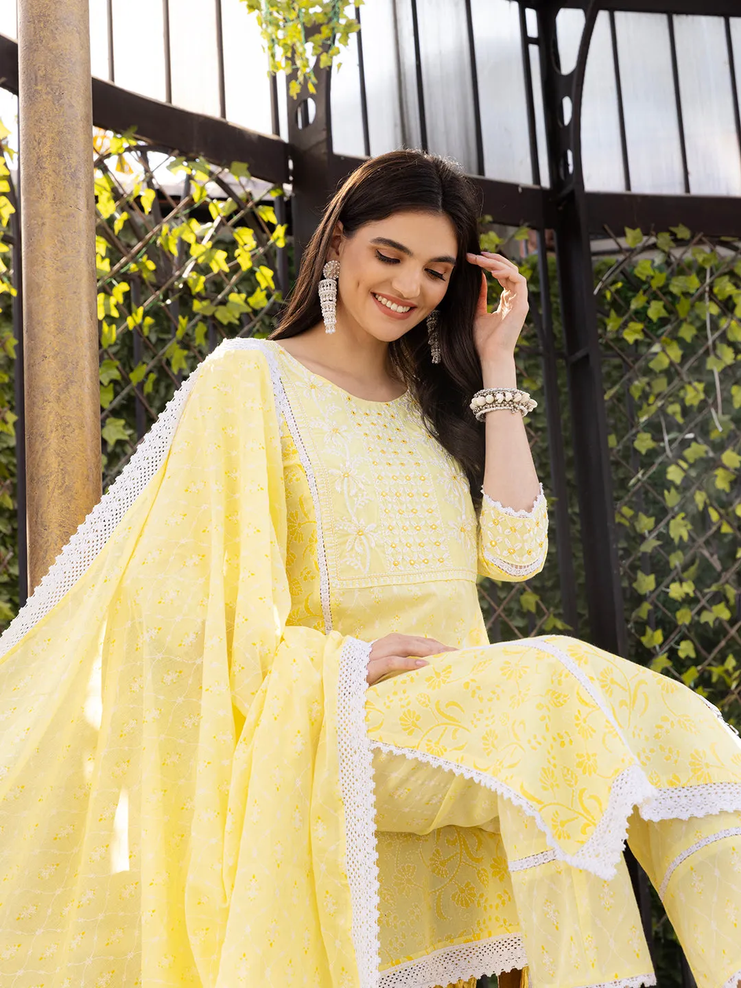 Comfy Yellow Cotton Embroidered Floral Kurta Set with Straight Bottom And  Scalloped Lace Dupatta