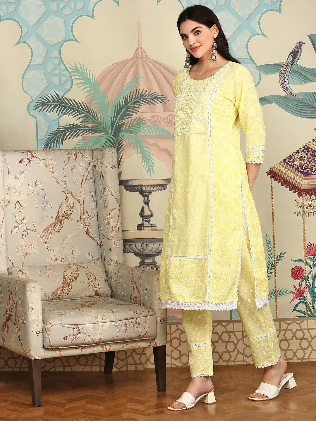 Comfy Yellow Cotton Embroidered Floral Kurta Set with Straight Bottom And  Scalloped Lace Dupatta