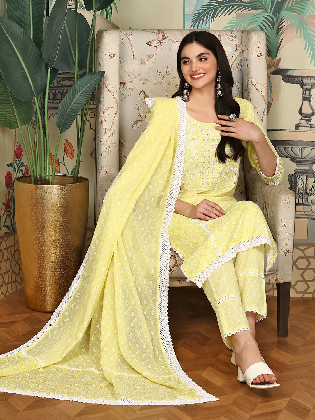 Comfy Yellow Cotton Embroidered Floral Kurta Set with Straight Bottom And  Scalloped Lace Dupatta