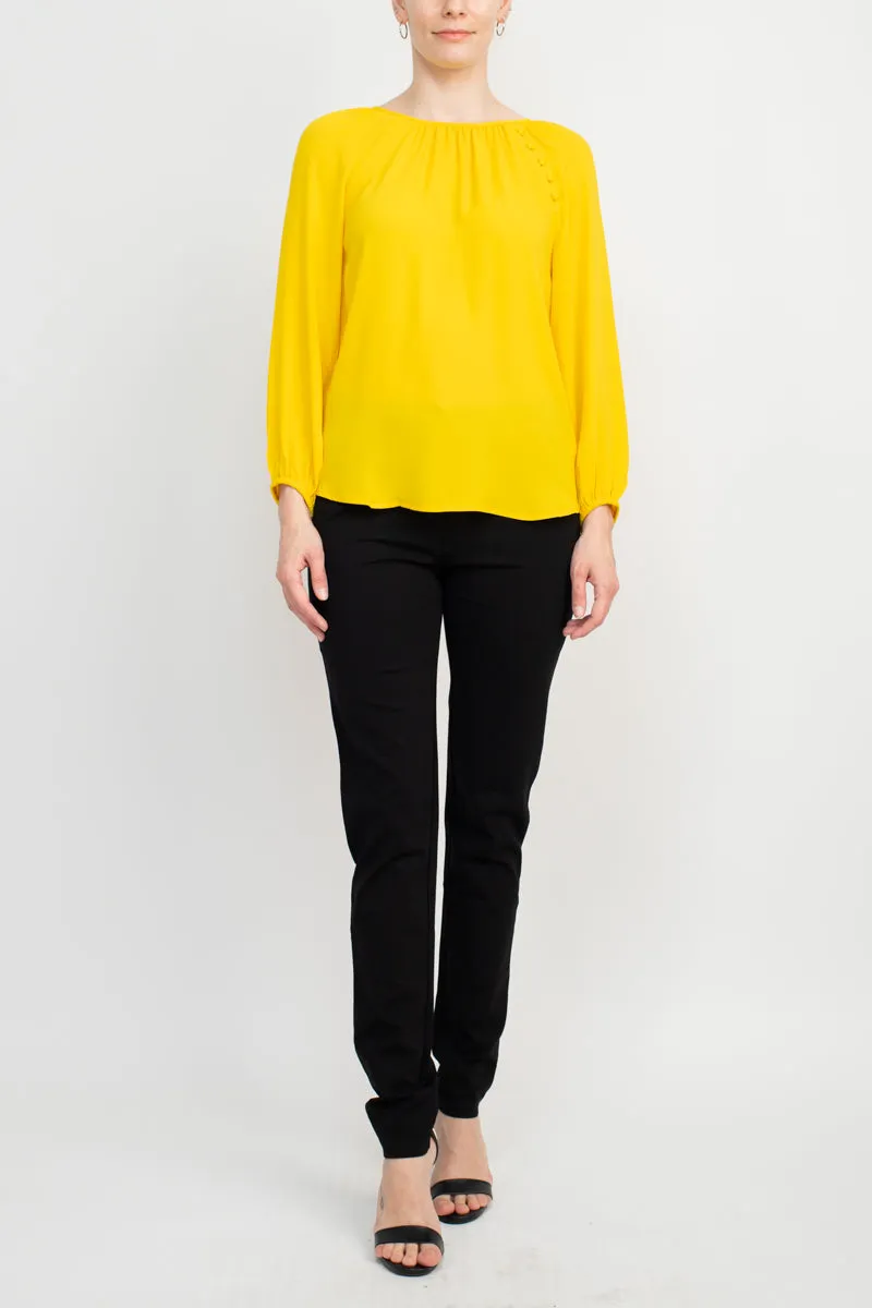 Counterparts Crew Neck Long Sleeve Embellished Shoulder Solid Crepe Blouse