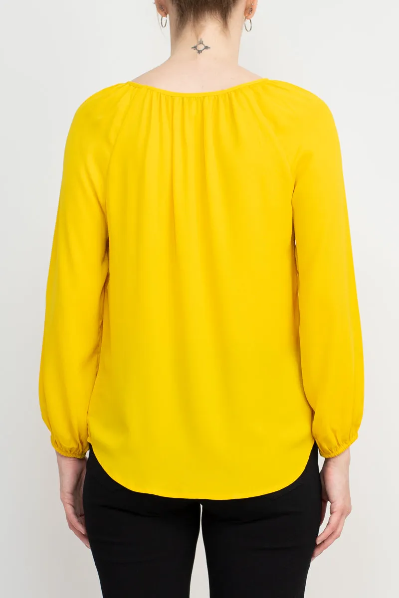 Counterparts Crew Neck Long Sleeve Embellished Shoulder Solid Crepe Blouse