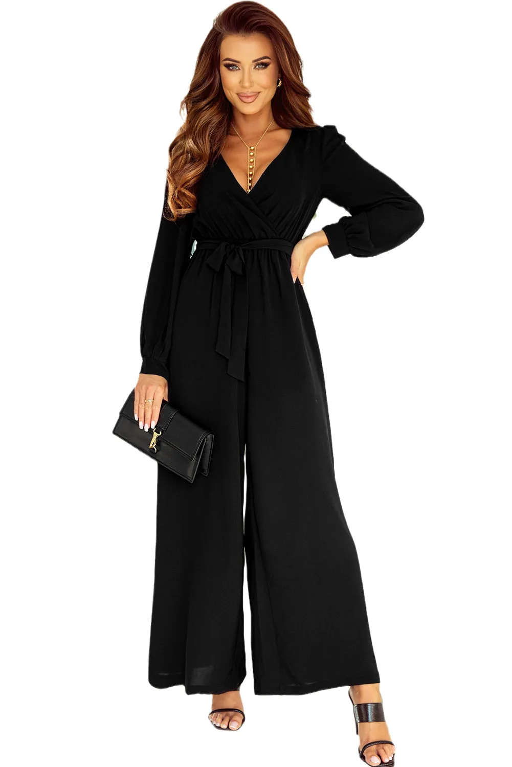 Cutout Back V Neck Wide Leg Jumpsuit