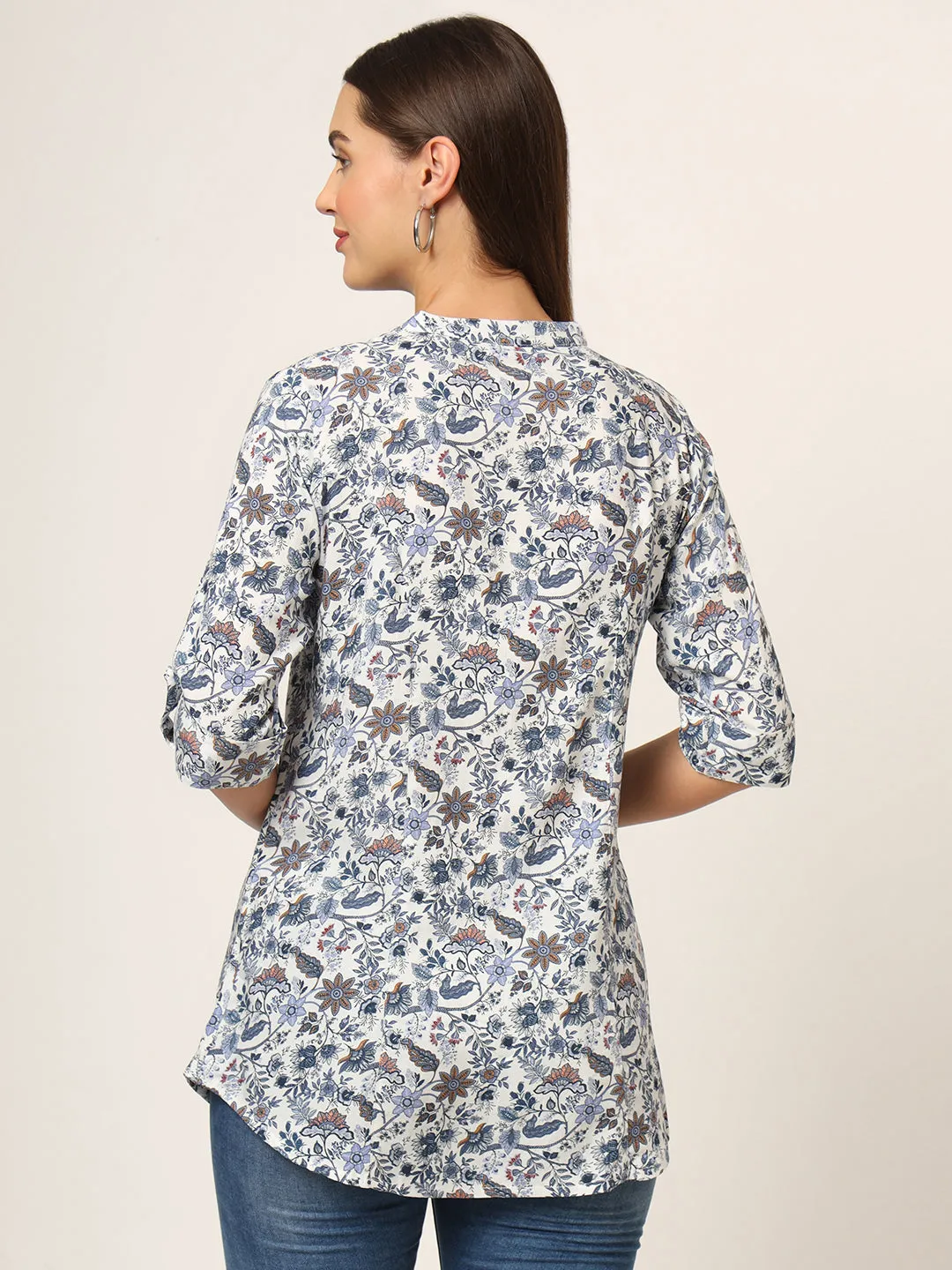 Divena Blue Printed Rayon Fabric Shirt Style Top