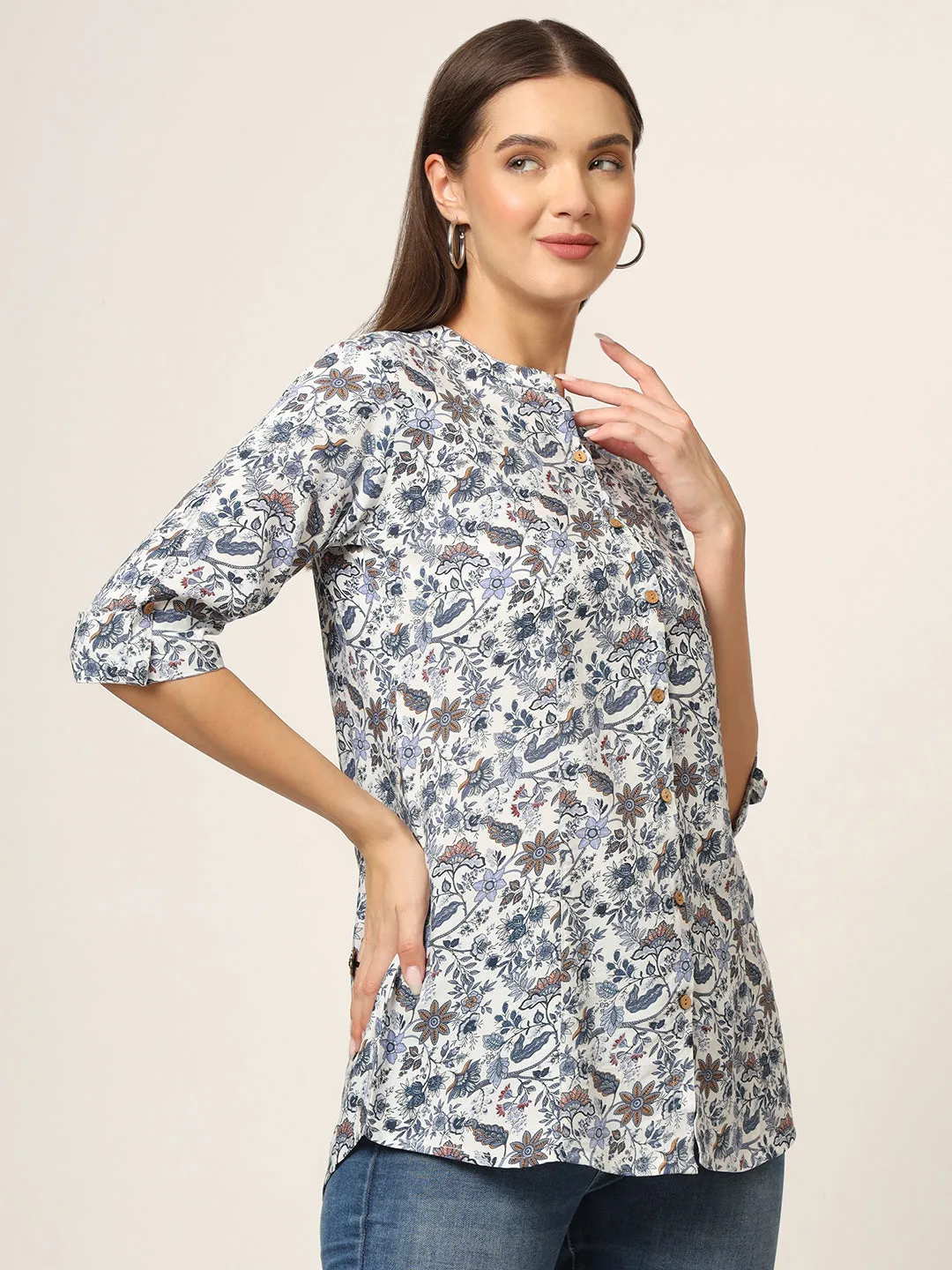 Divena Blue Printed Rayon Fabric Shirt Style Top