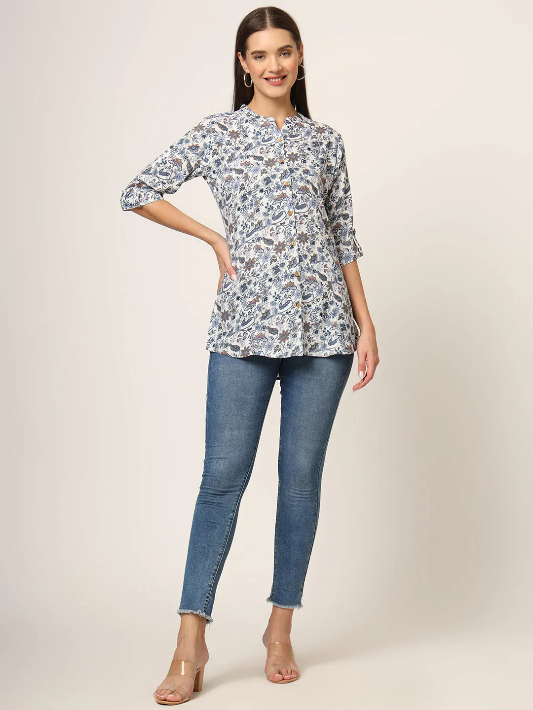 Divena Blue Printed Rayon Fabric Shirt Style Top