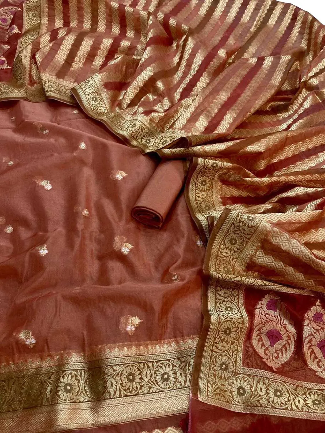 Elegant Brown Banarasi Organza Silk Suit Set