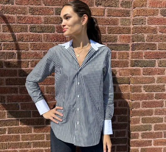 Elliott Lauren - Stripe Button Up Blouse with White Collar in Black and White