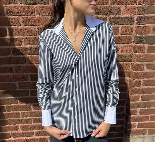 Elliott Lauren - Stripe Button Up Blouse with White Collar in Black and White