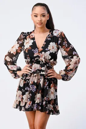 FLORAL SMOCKED CHIFFON V-NECK RUFFLED DRESS