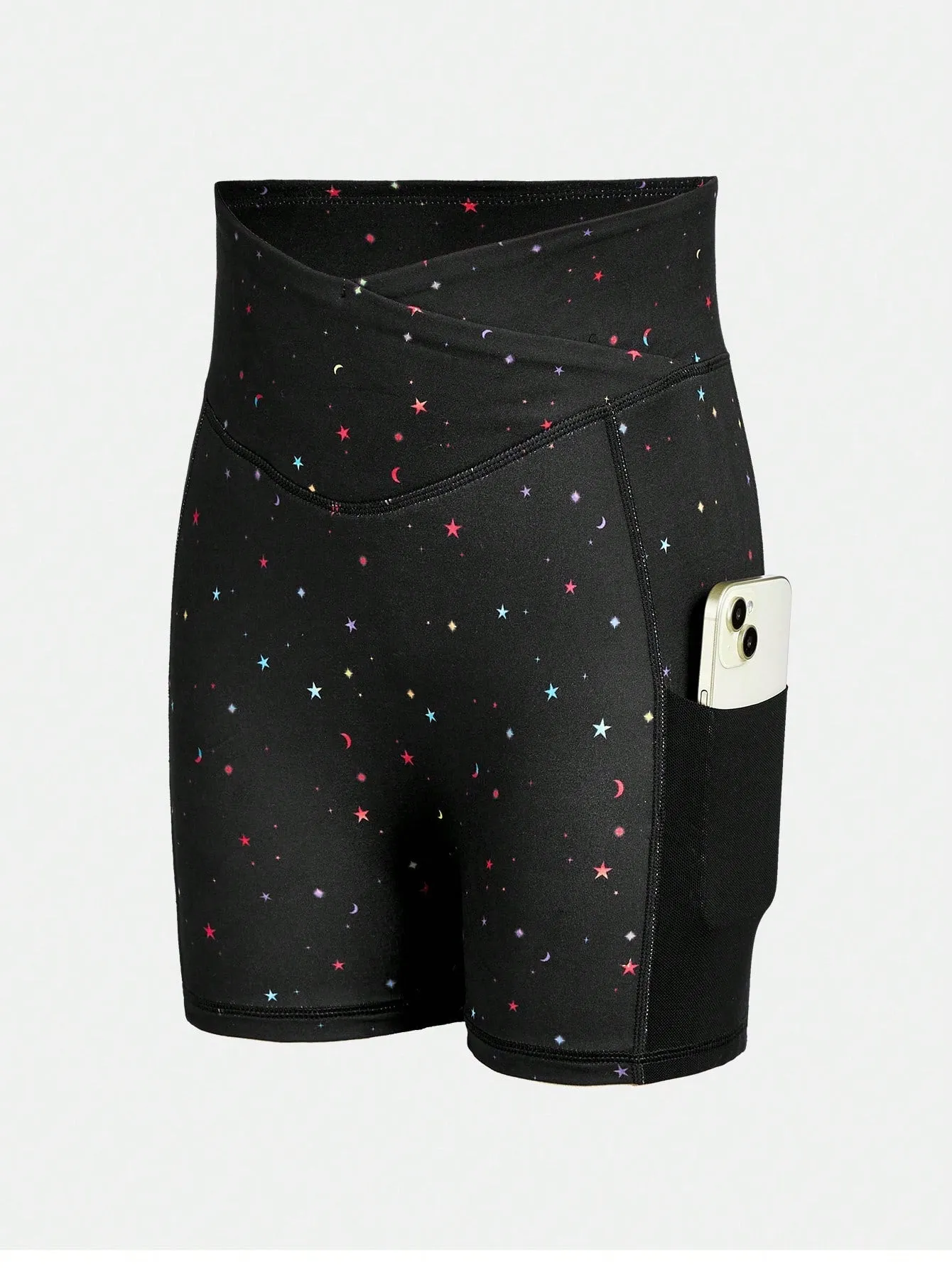 Galaxy Star Pattern Tween Girl Knitted Biker Shorts with Mesh Pockets - Short Length