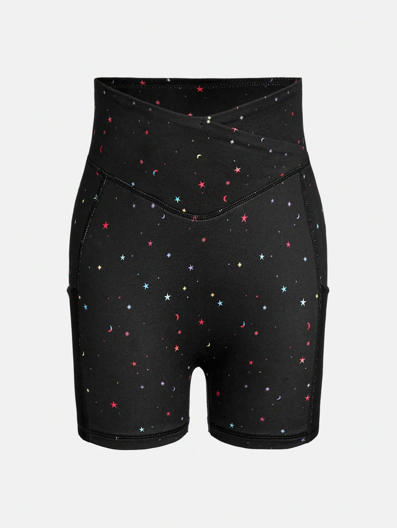 Galaxy Star Pattern Tween Girl Knitted Biker Shorts with Mesh Pockets - Short Length