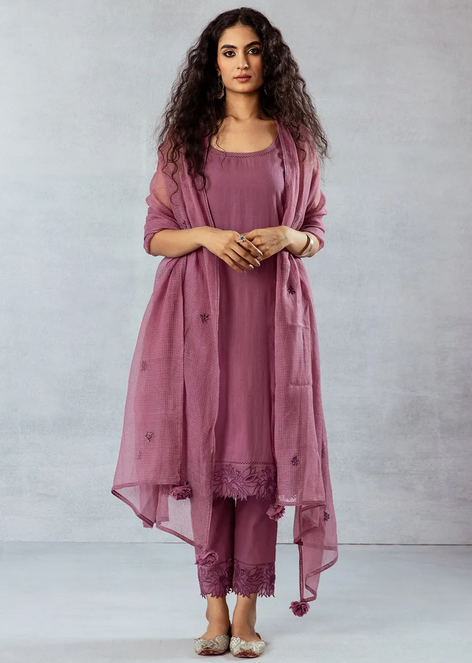 Grape Wine Mulmul Straight 3-Piece Kurta Set