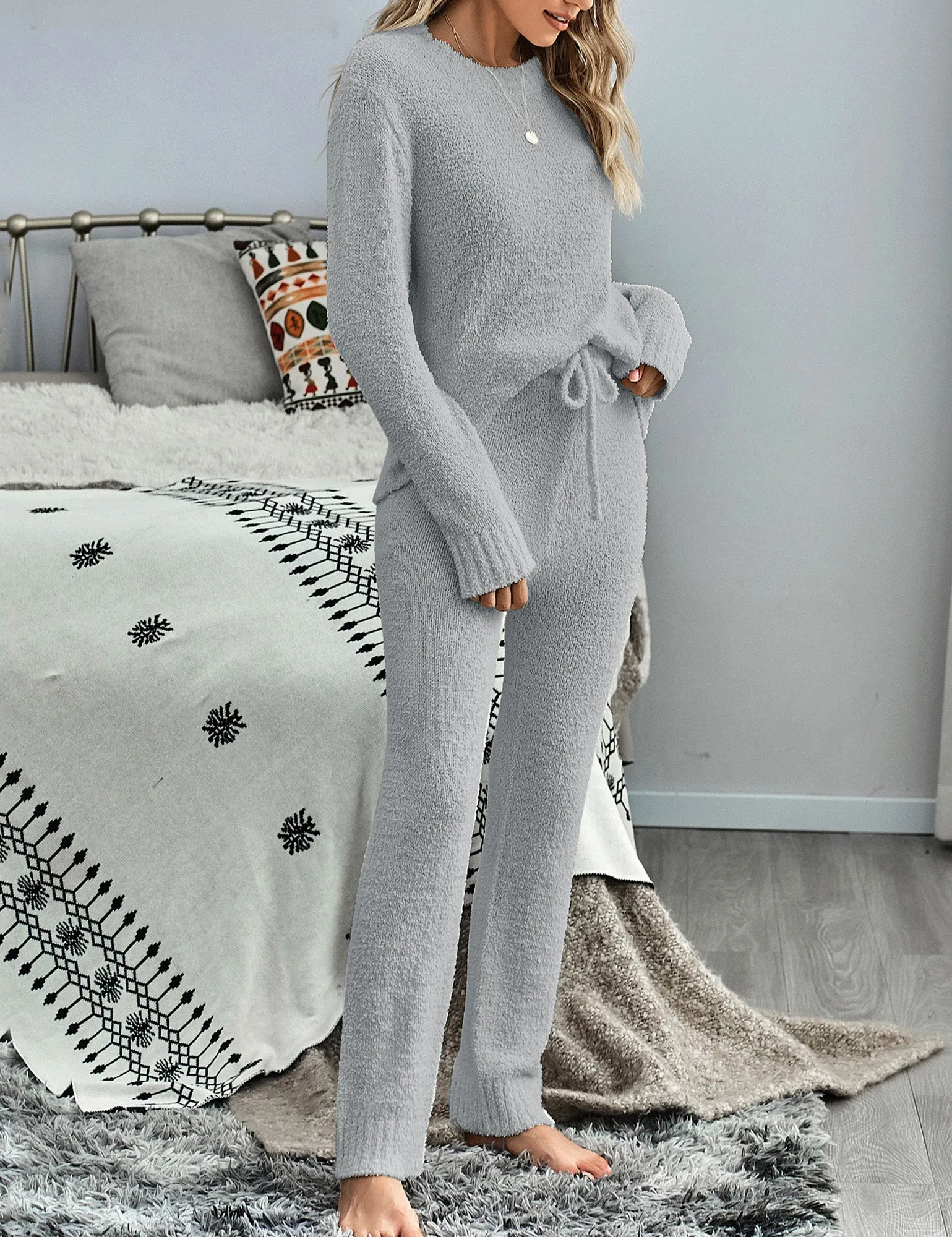 Grey Knitted Fleece Drawstring-Waist Loungewear Set